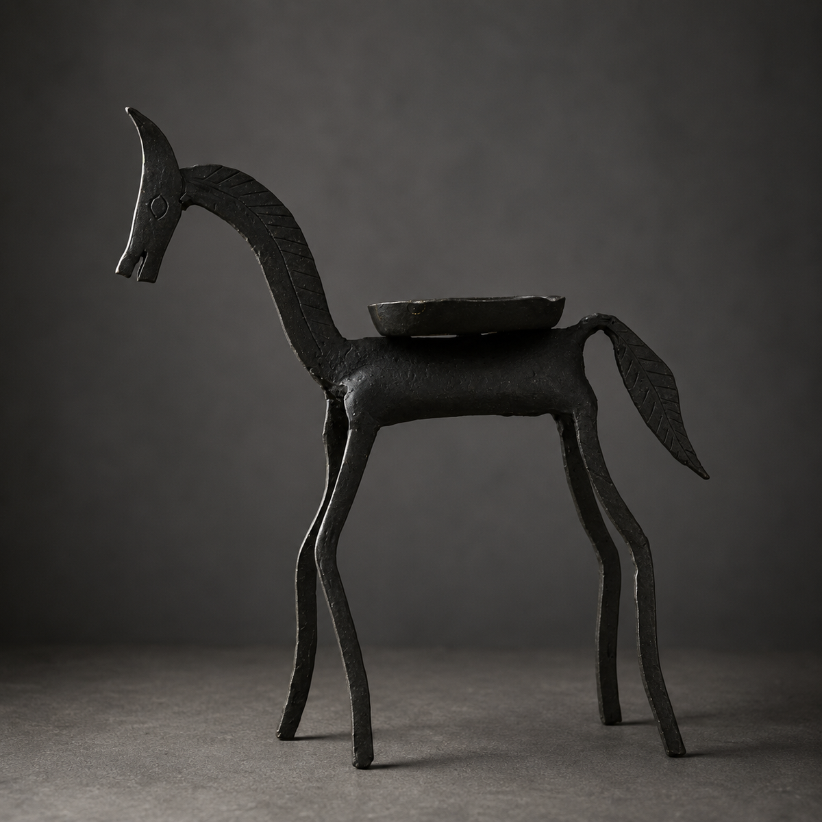 Detailed view of the incised mane, tail and blackened finish of a Bastar iron horse