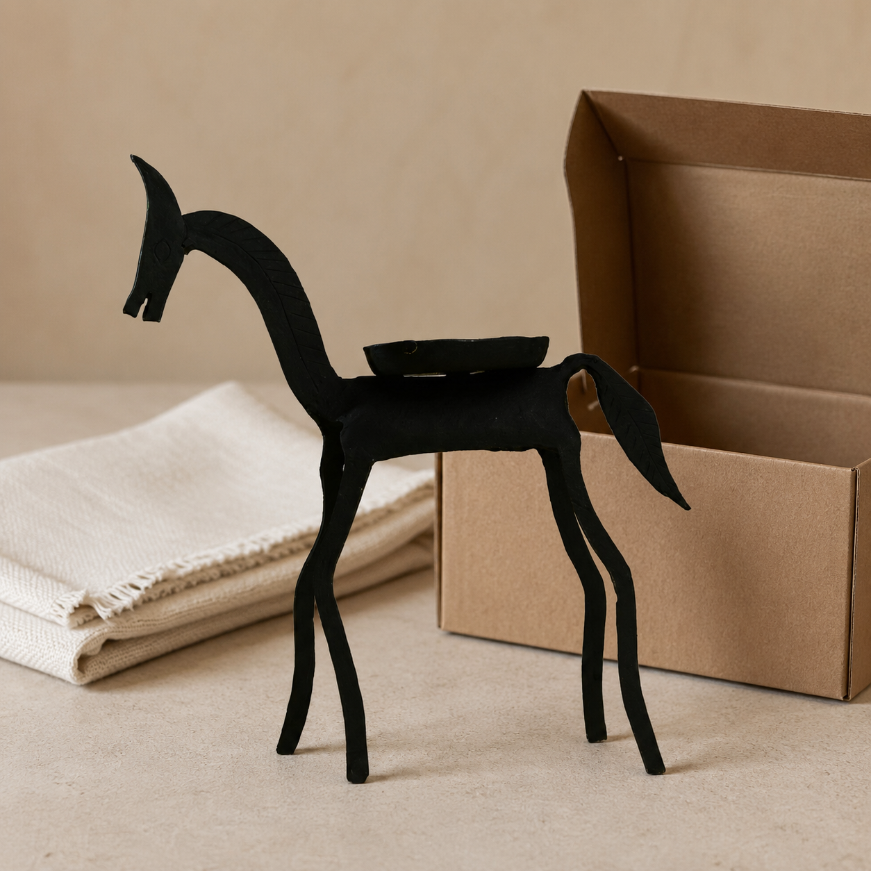 Bastar wrought iron horse figurine presented beside a kraft gift box and cotton wrap