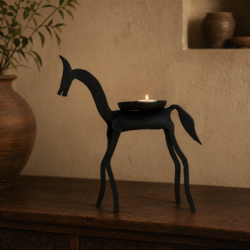 Bastar wrought iron horse candle holder with a lit tealight on a wooden console