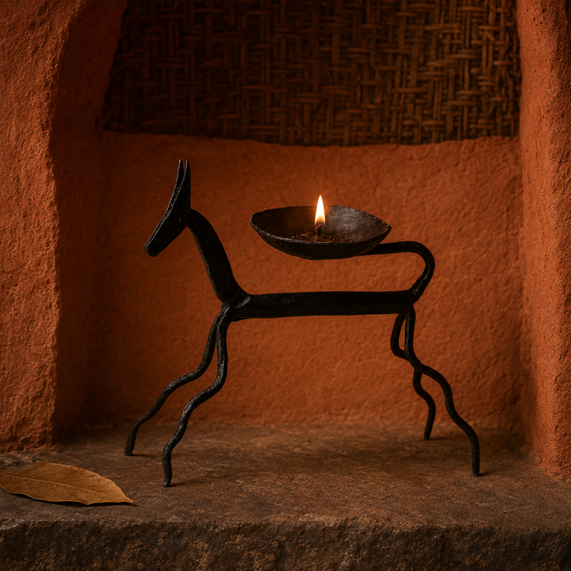 Bastar Wrought Iron Horse Oil Lamp lit in an earthy craft-inspired setting