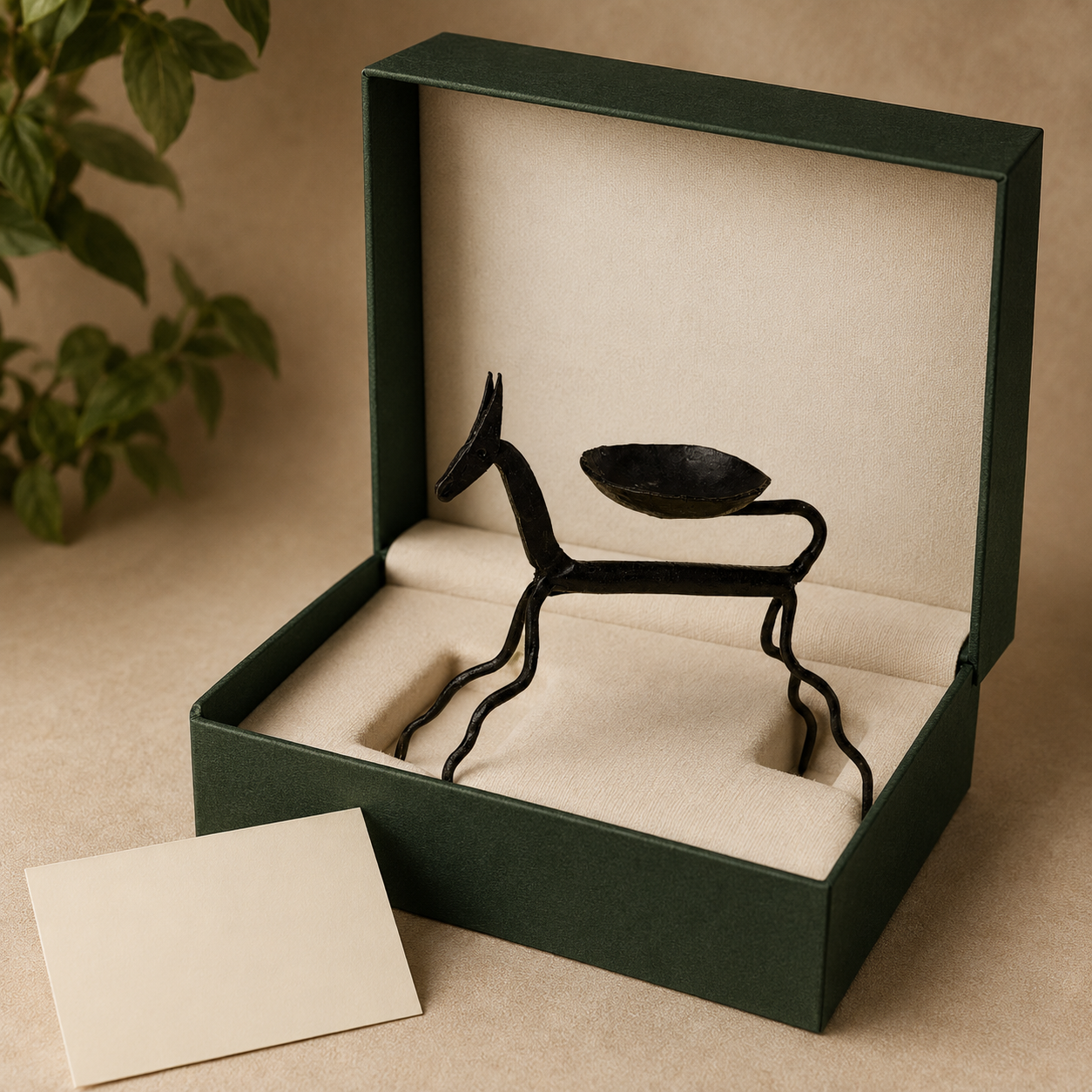 Bastar hand-forged wrought iron horse oil lamp with diya bowl and looped tail presented in a fitted gift box