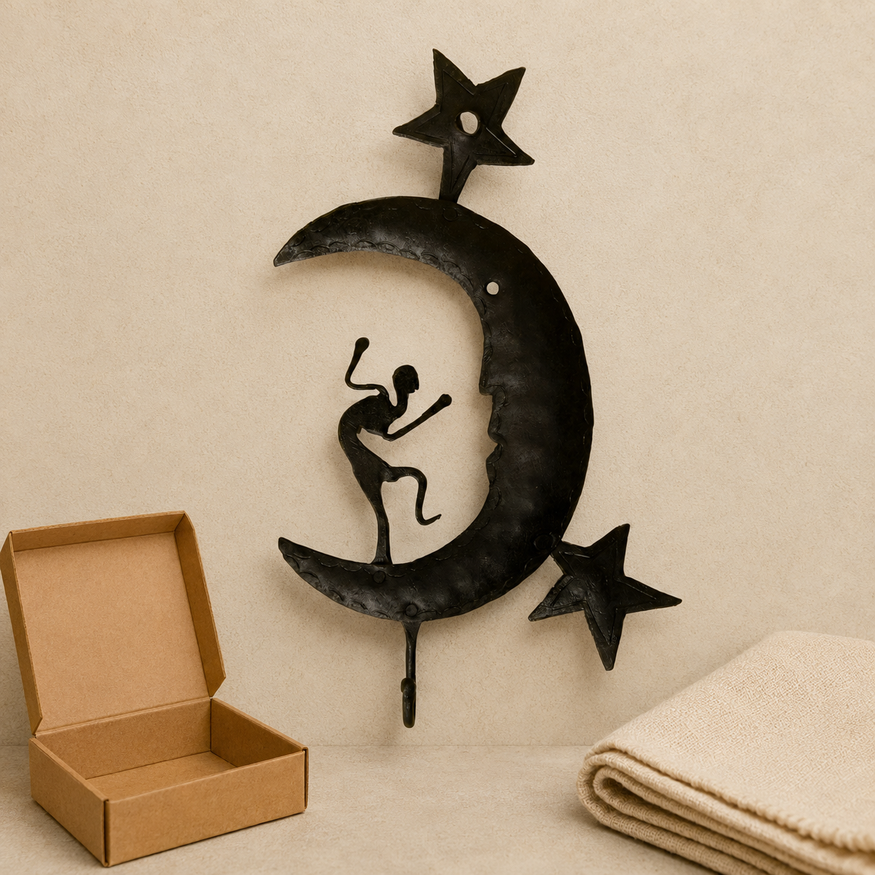 Bastar wrought iron crescent dancer key hanger beside an open gift box