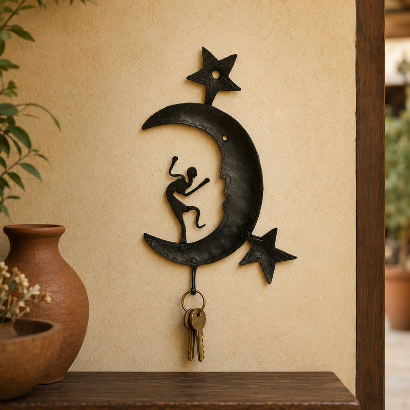 Crescent-shaped Bastar iron key hanger holding a brass key ring in an entryway