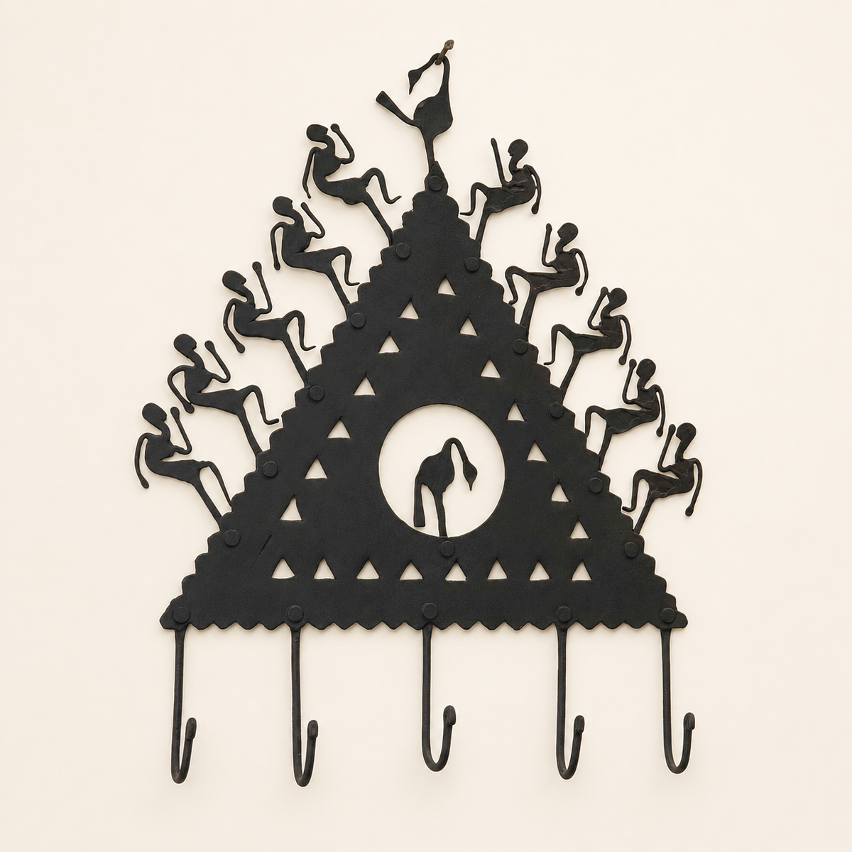 Triangular Bastar wrought iron key hanger with five hooks on an ivory catalogue background