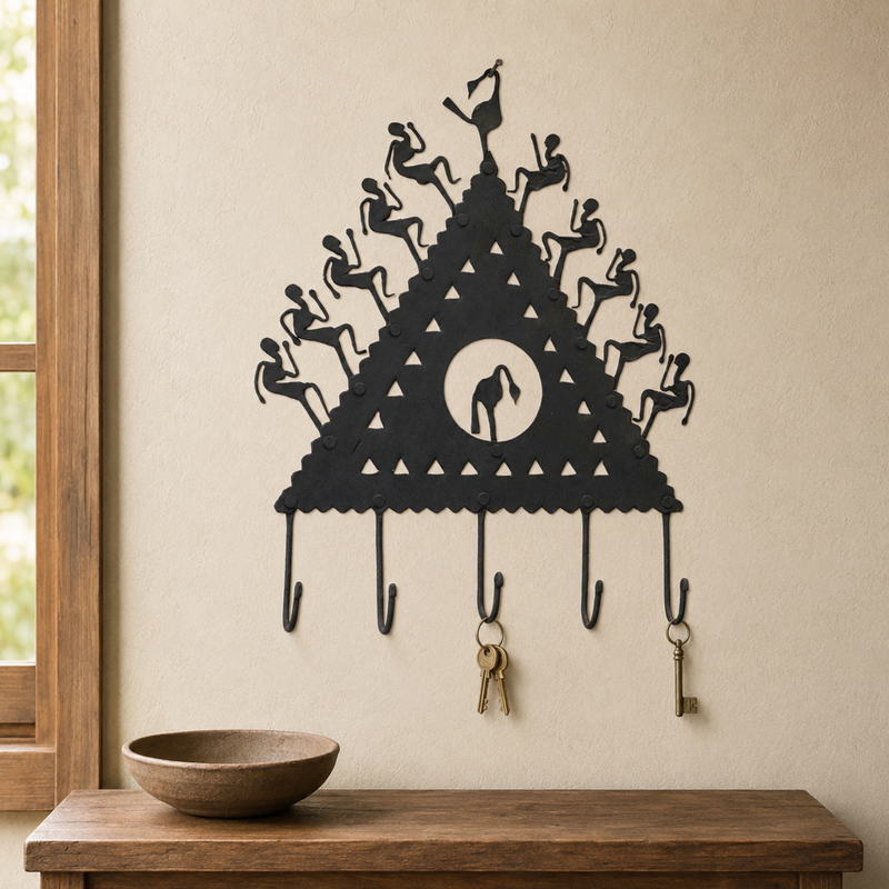 Bastar wrought iron key hanger in use on a warm entryway wall