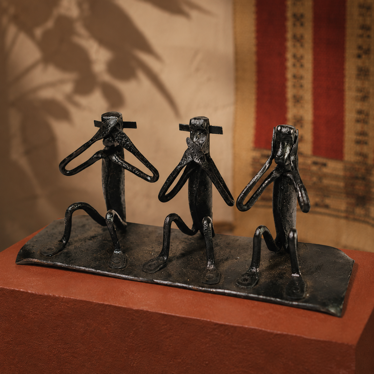 Three handcrafted iron monkeys displayed on an ochre artisan gallery plinth