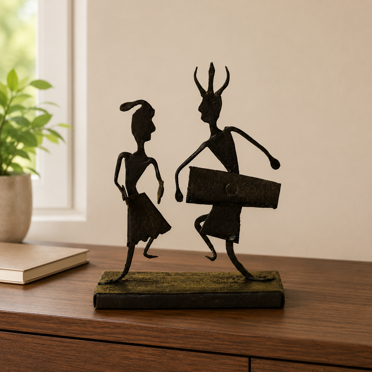 Bastar wrought iron musician memento styled on a walnut office credenza
