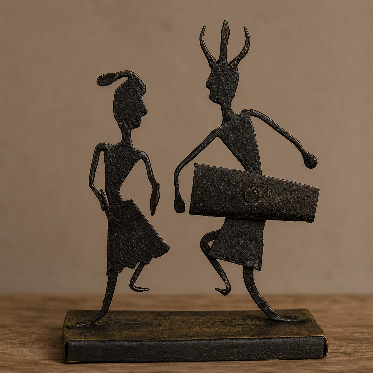 Close view of the hand-forged texture and details on the Bastar musician memento