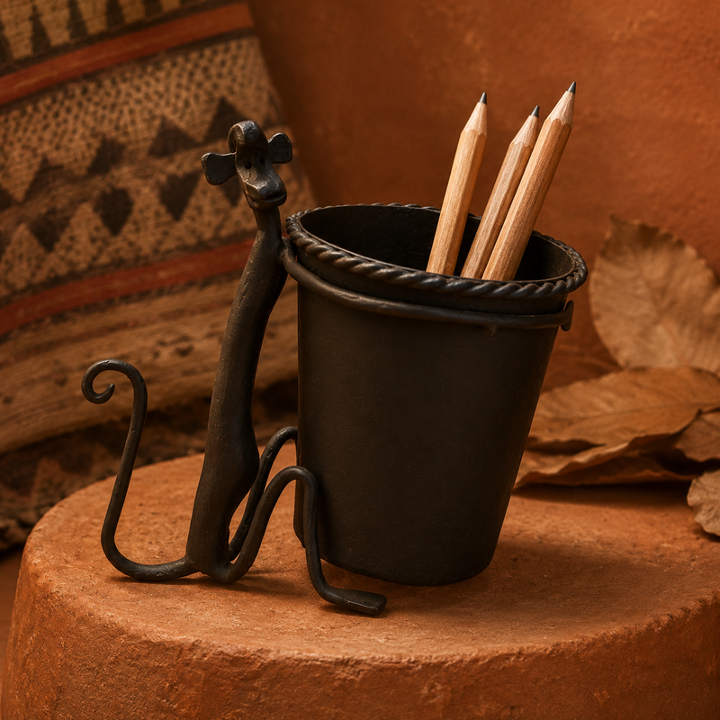 Bastar wrought iron pen stand in an earthy craft-inspired setting