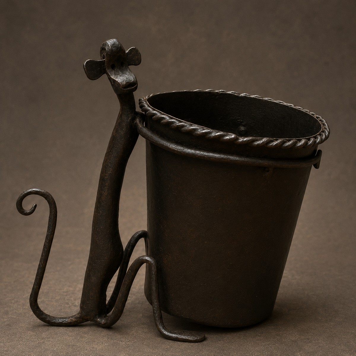 Detailed studio view of the twisted rim, finial and forged loops on the pen stand