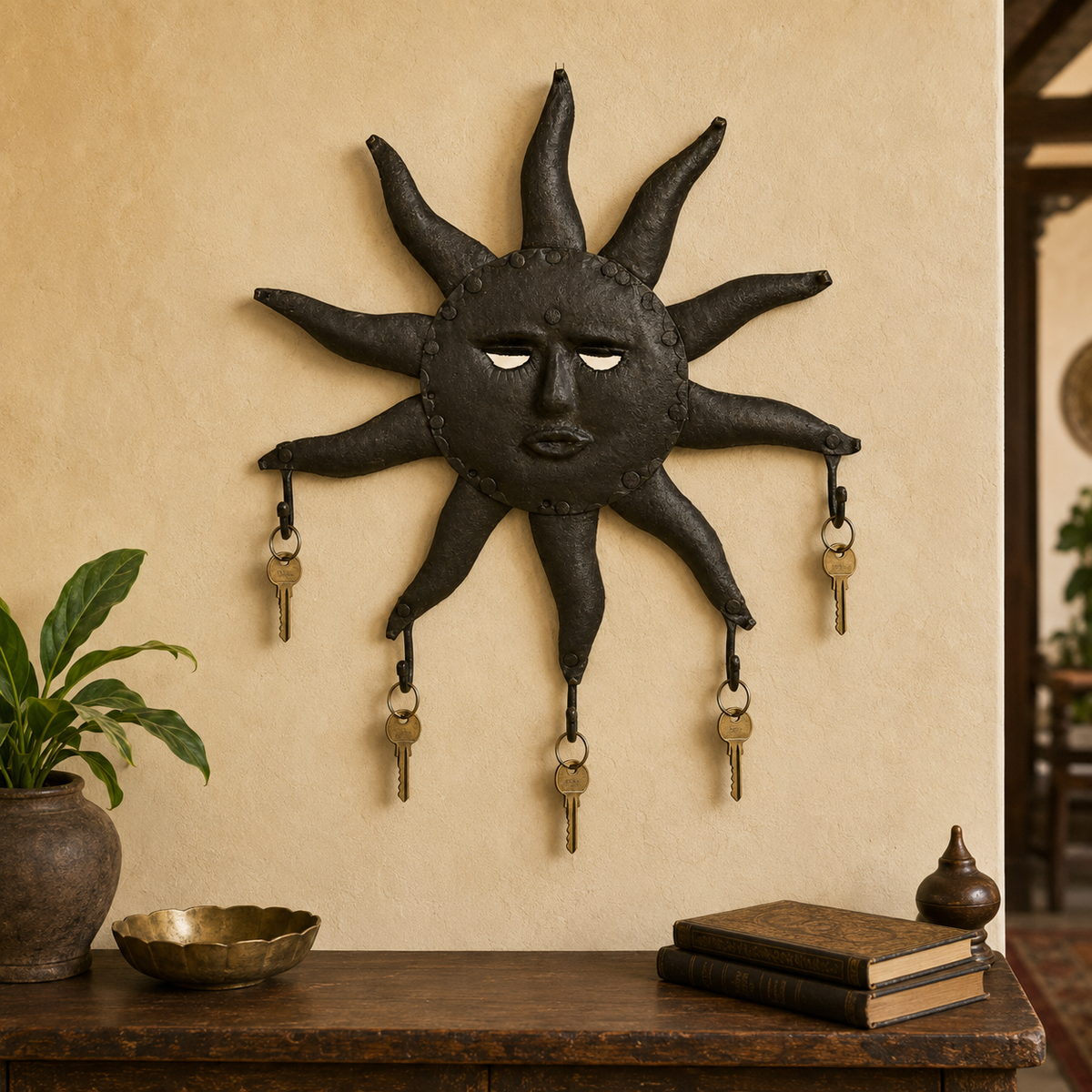 Sun-shaped Bastar iron wall key hanger holding five brass keys in a warm entryway