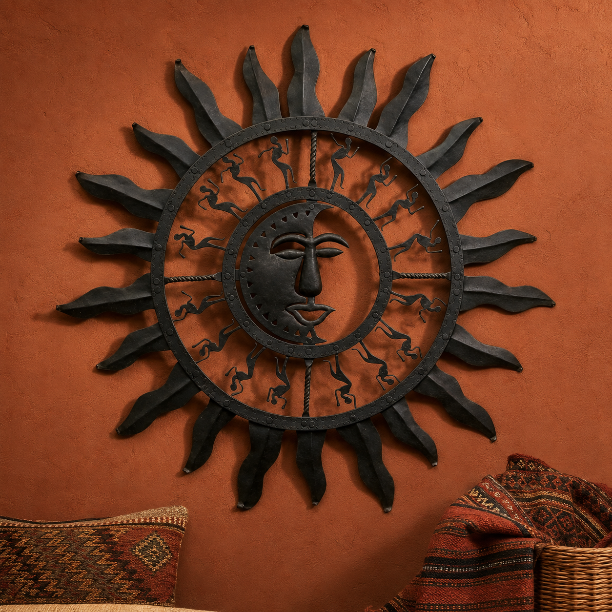 Bastar wrought iron Sun Wall Decor styled on a terracotta gallery wall