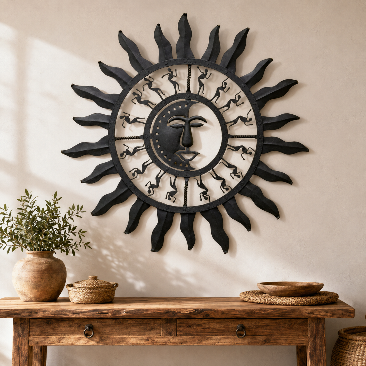 Bastar wrought iron Sun Wall Decor displayed above a handcrafted wooden console