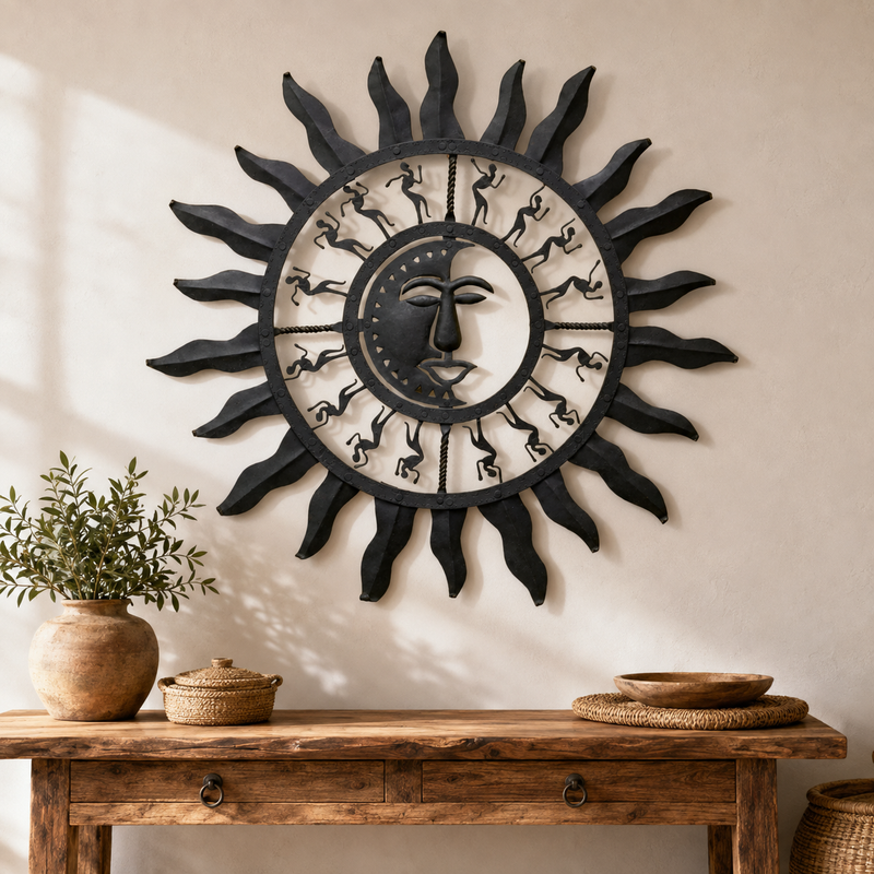 Bastar wrought iron Sun Wall Decor displayed above a handcrafted wooden console