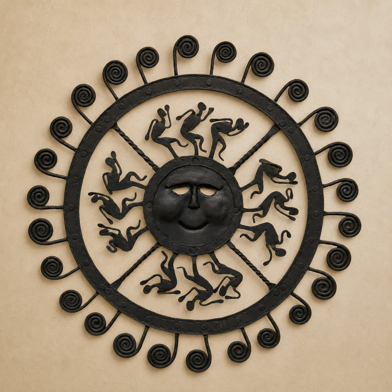 Bastar wrought iron sun wall decor with spiral rays and dancing figures on a warm ivory wall