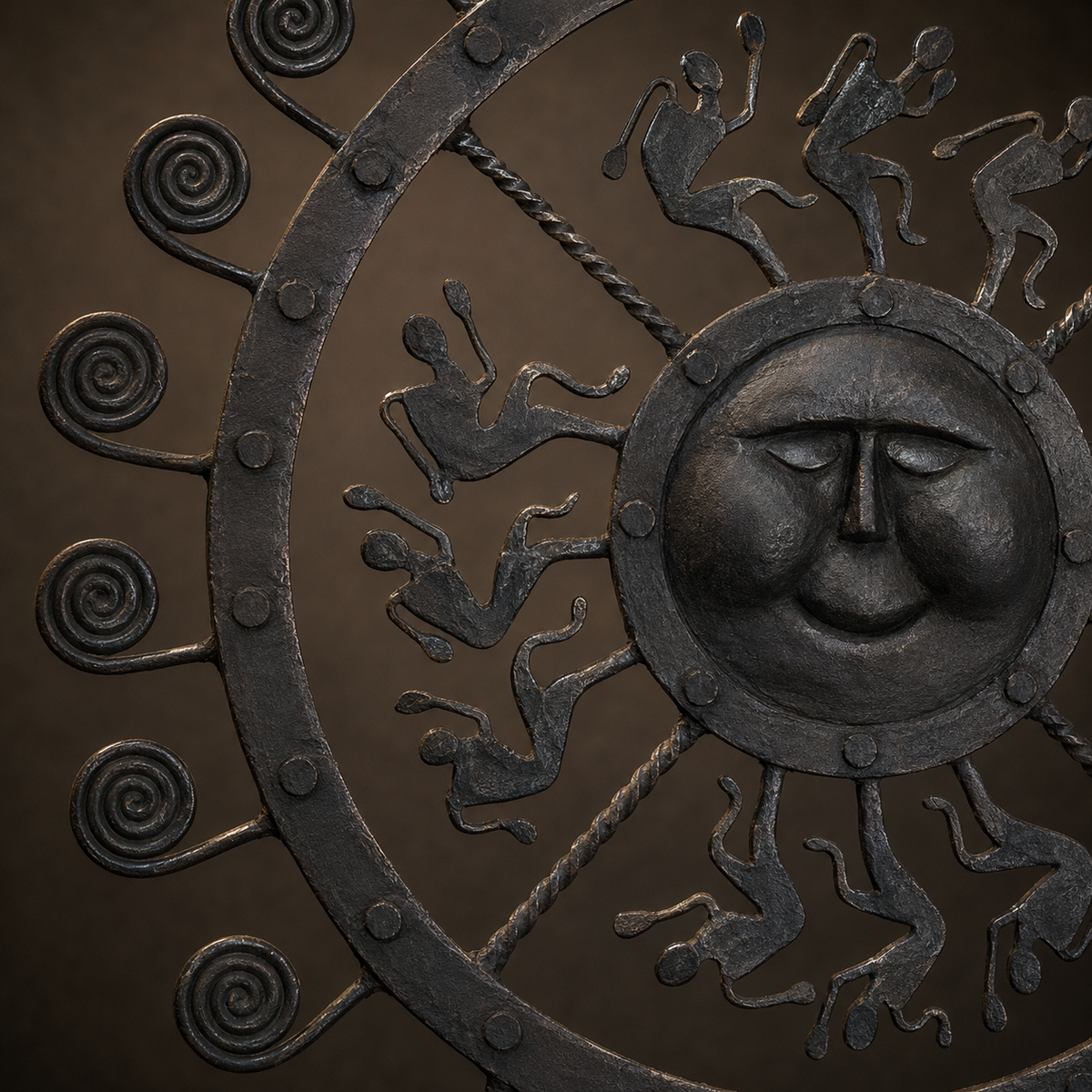 Close detail of the forged sun face, rivets, spiral rays, and dancing figures in Bastar iron craft