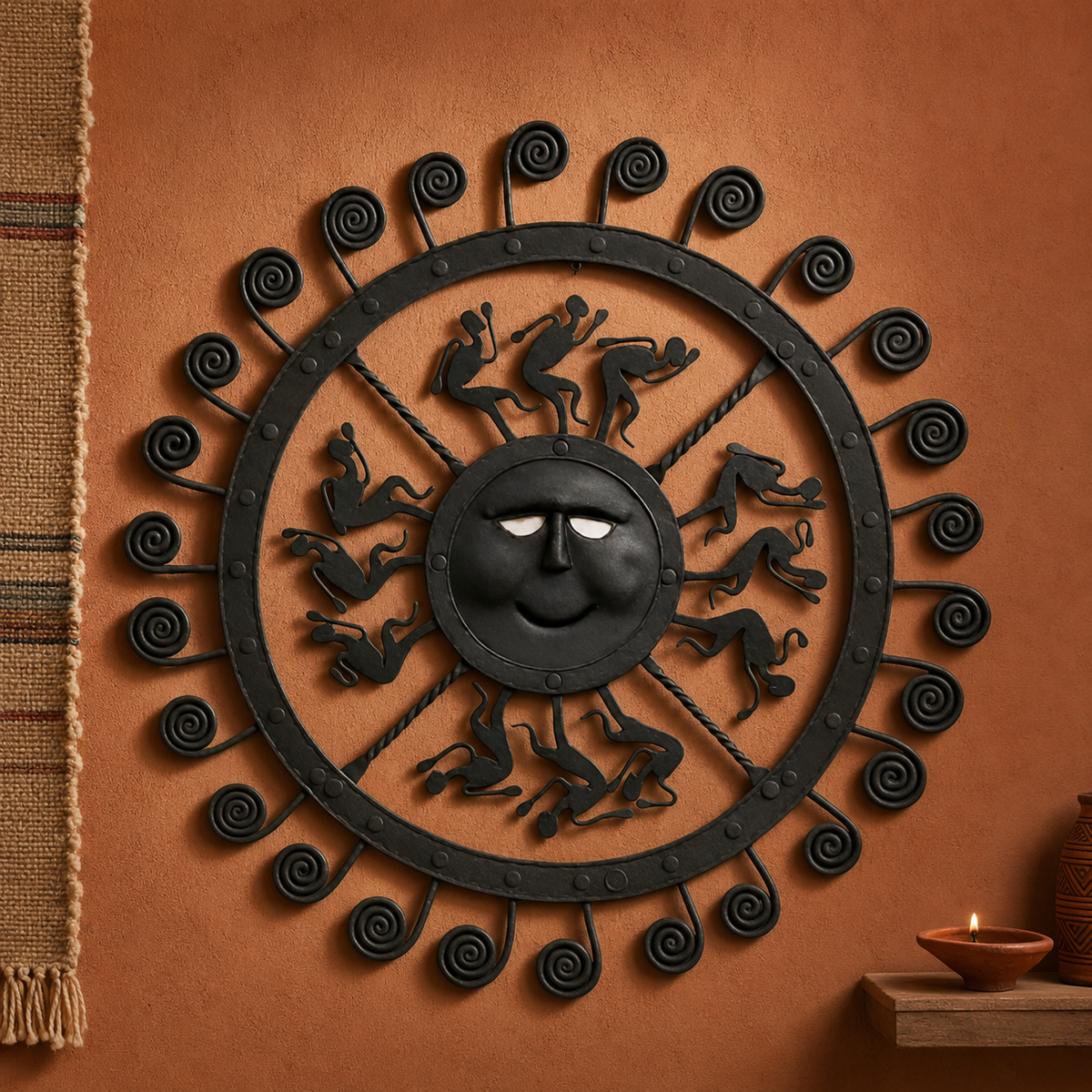 Bastar wrought iron sun wall decor presented on a terracotta gallery wall with a clay lamp