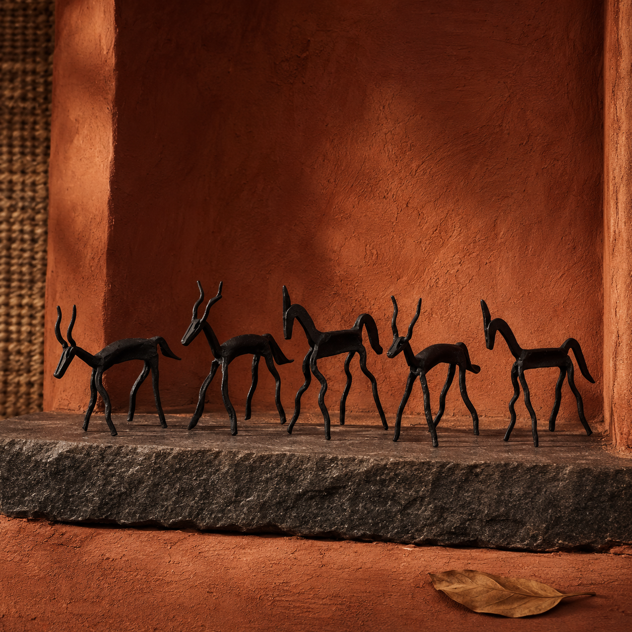 Five-piece Bastar Wrought Iron Tribal Animal Set in an earthy craft setting