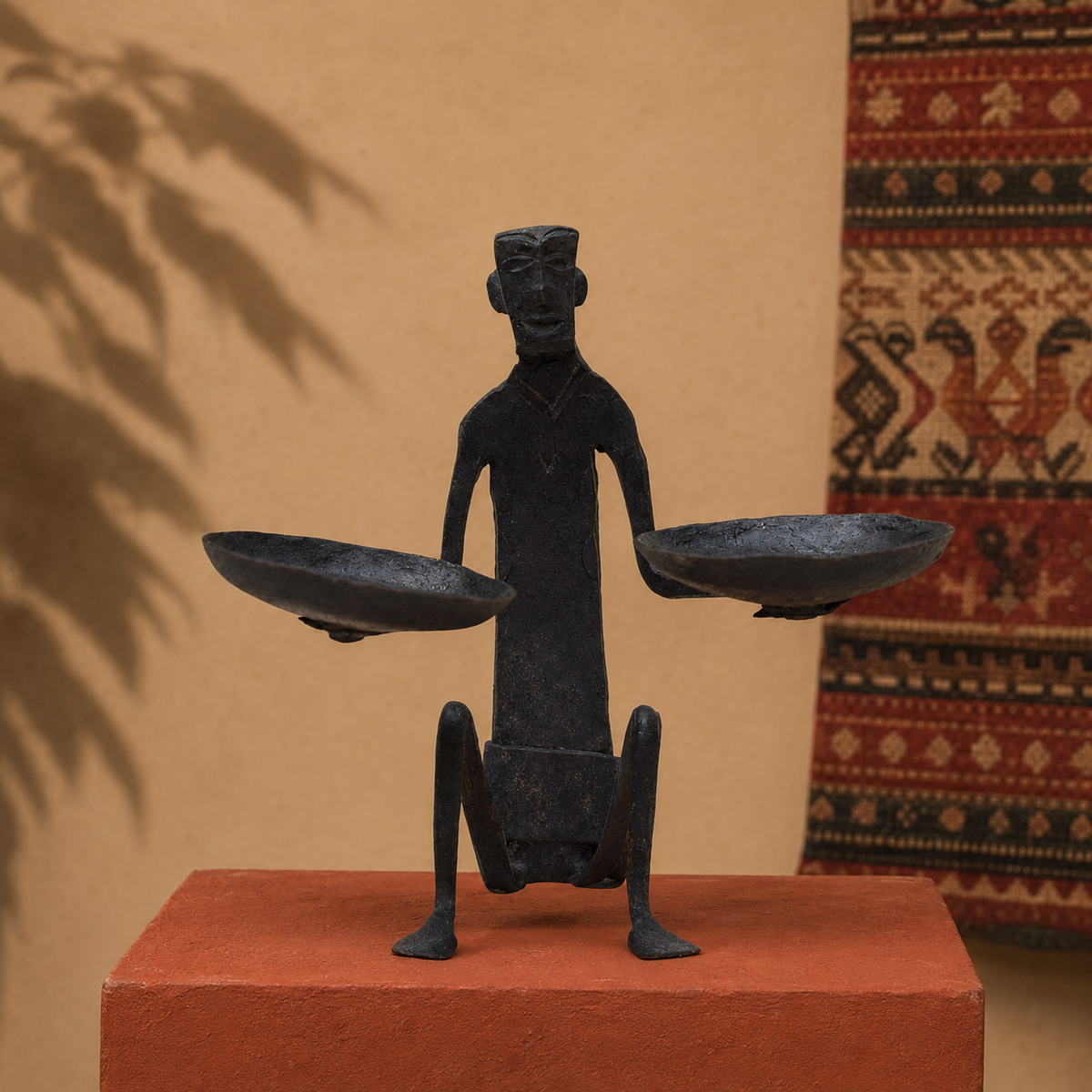 Hand-forged Bastar tribal candle holder displayed on an ochre gallery plinth