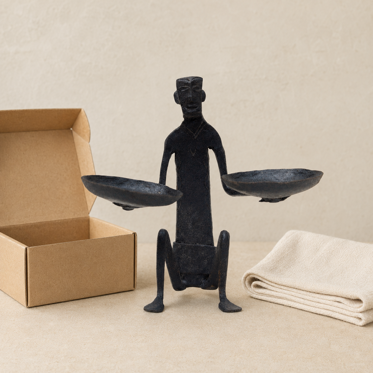 Bastar wrought iron tribal candle holder presented beside a kraft gift box