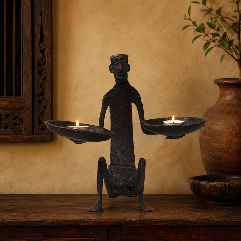 Tribal wrought iron candle holder with two lit tealights on a wooden console