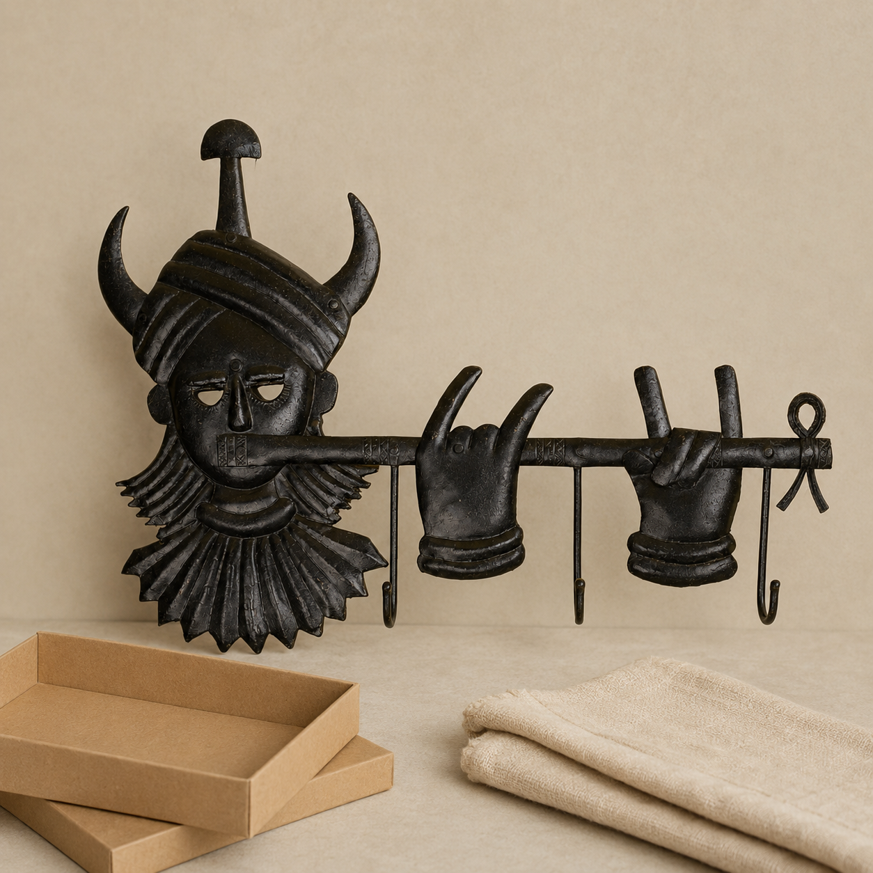 Bastar wrought iron tribal flute key hanger with three hooks beside gift packaging