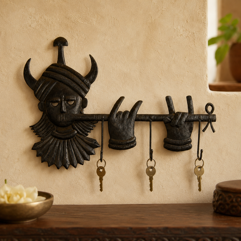Tribal wrought iron wall key hanger holding three brass keys in a warm entryway