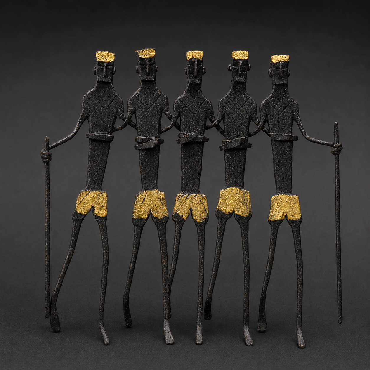 Craft detail of linked iron figures, forged staffs and aged gold accents
