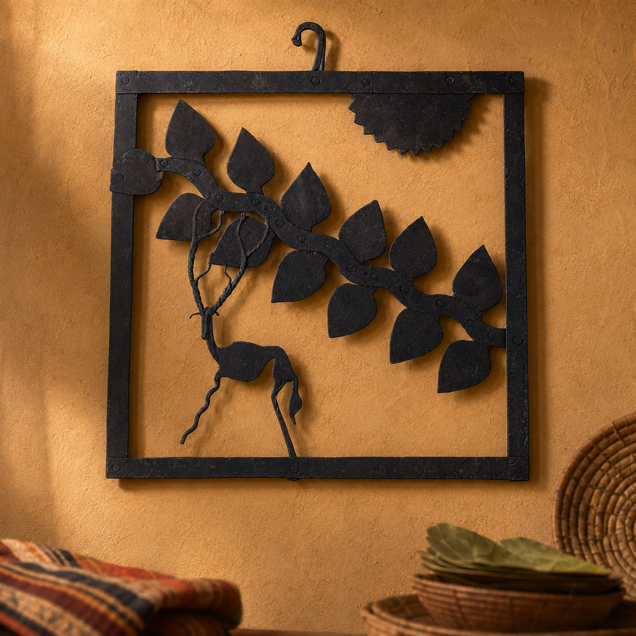 Bastar wrought iron deer and leafy branch wall art on an ochre gallery wall
