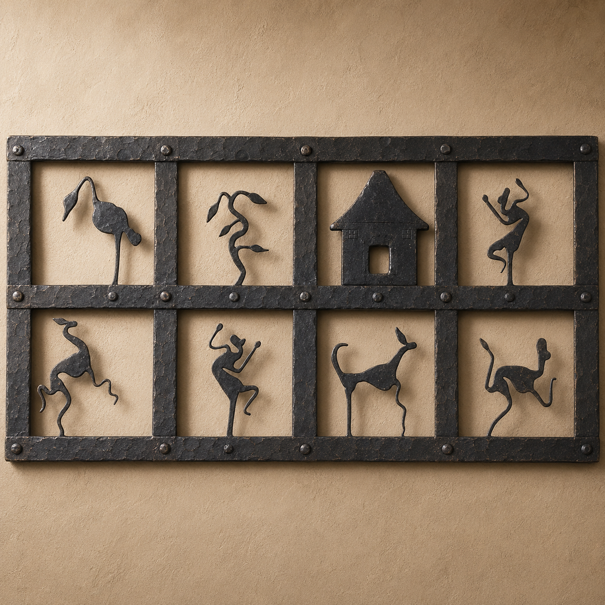 Close view of the hand-forged texture, rivets and tribal motifs on Bastar iron wall decor