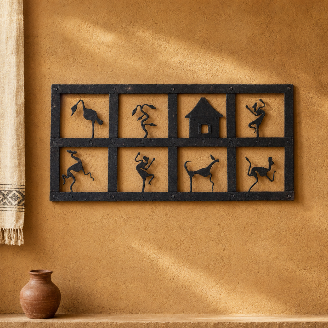 Bastar wrought iron wall decor presented on an ochre craft-inspired gallery wall