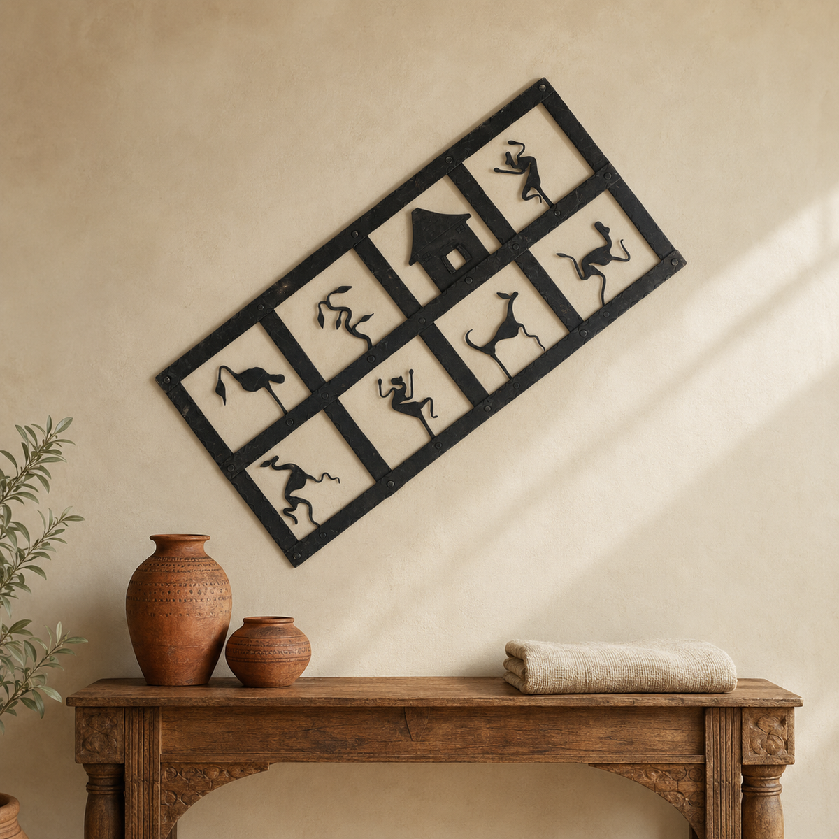 Bastar wrought iron tribal wall decor displayed above a handcrafted wooden console