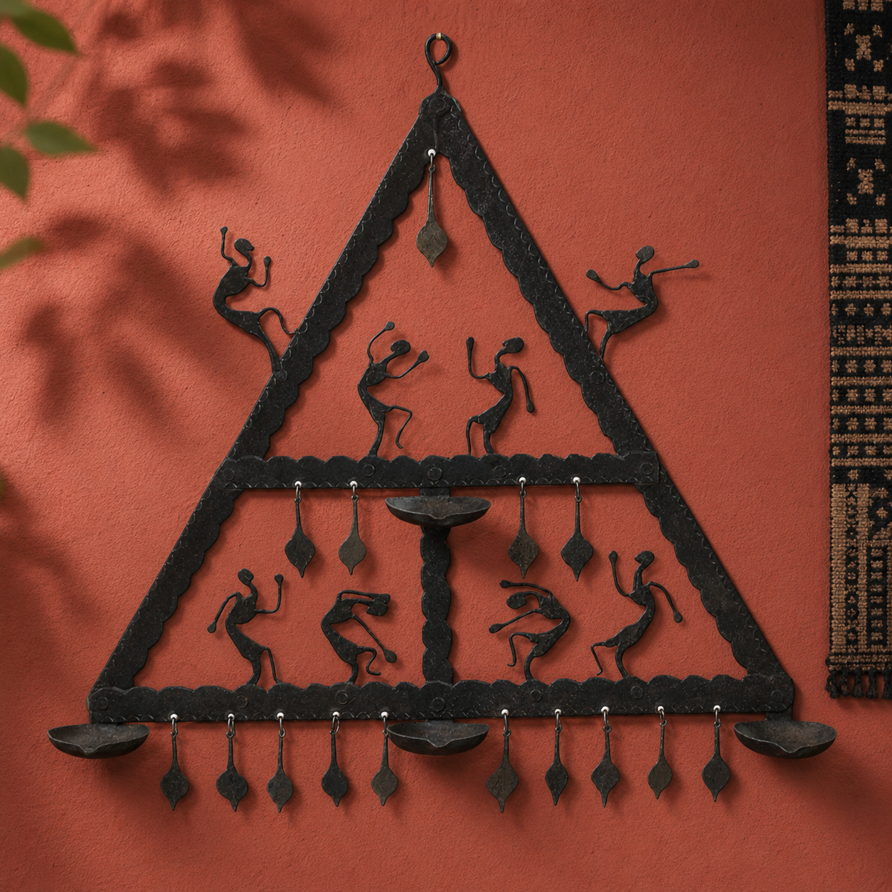Hand-forged Bastar triangular candle holder displayed on an ochre gallery wall