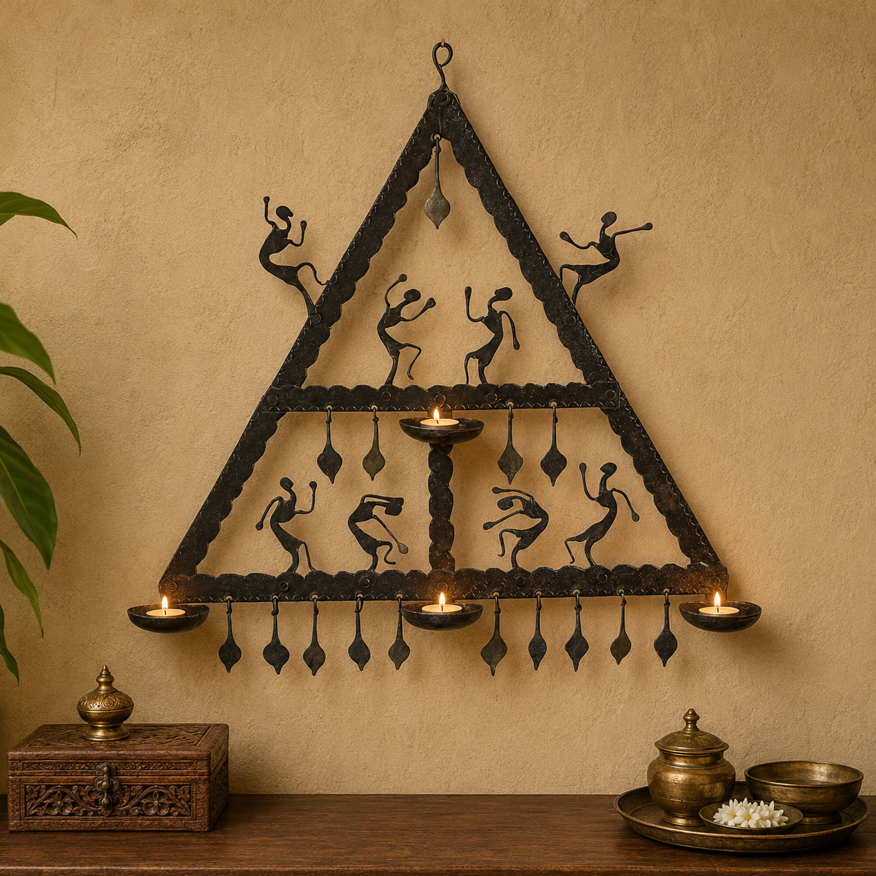 Bastar wall hanging candle holder with four lit tealights in a warm interior