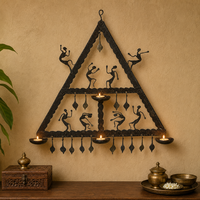 Bastar wall hanging candle holder with four lit tealights in a warm interior
